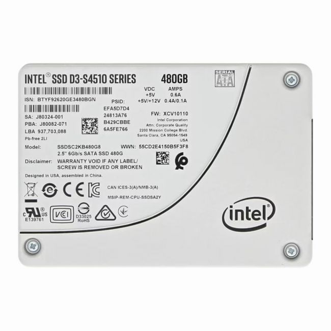 SSDSC2KB480G8 Intel D3-S4510 Series 480GB SATA 6Gb/s 3D NAND TLC AES-256 PLP 2.5-Inch Solid State Drive