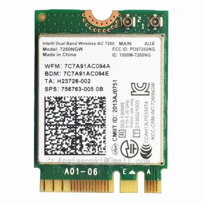 756763-005 HP Intel 7260 Wireless-AC 7260 Dual Band 867Mbps 2.4GHz / 5GHz IEEE 802.11a/b/g/n Bluetooth 4.0 Mini PCI Express M.2 2226 Wireless Netw