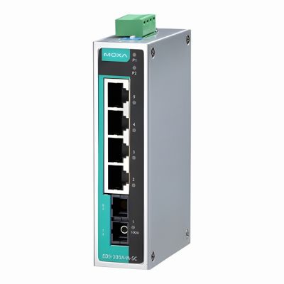 EDS-205A-M-SC Moxa 5 port entry level unmanaged w/4 10/100BTX ports & 1 multi-mode fiber SC port IP30 aluminum housing Ethernet switch