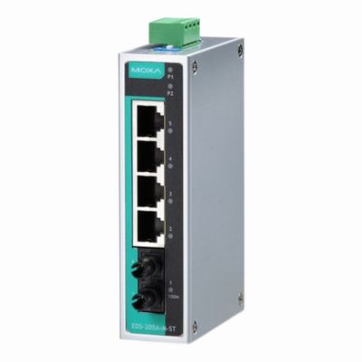 EDS-205A-M-ST-T Moxa Unmanaged with 4 10/100Base T(X) ports, and 1 100BaseFX multi-mode port with ST connector Ethernet switch