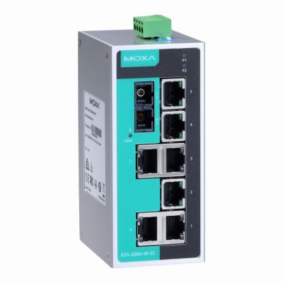 EDS-208A-M-SC Moxa Unmanaged with 7 10/100BaseT(X) ports, and 1 100BaseFX multi-mode port with SC connectors Ethernet switch
