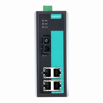 EDS-305-M-SC Moxa Industrial Unmanaged with 4 10/100BaseT(X) ports, 1 multi mode 100BaseFX port, SC connector Ethernet Switch
