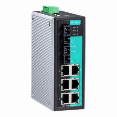 EDS-408A-SS-SC Moxa Entry-level managed with 6 10/100BaseT(X) ports, and 2 100BaseFX single-mode ports with SC connectors Ethernet switch