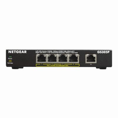 GS305PV1 Netgear 300 Series GS305P 4 x Ports PoE+ 10/100/1000Base-T + 1 x Port 1000Base-T Unmanaged Gigabit Ethernet Network Switch