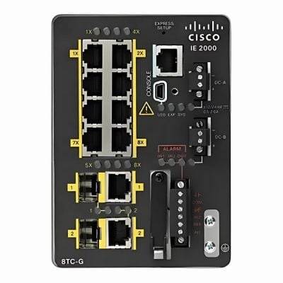 IE-2000-8TC-G-E Cisco Industrial Ethernet 2000 Series IE-2000-8T 8 x Ports 10/100/1000Base-T + 2 x GBE Uplink Ports Layer 2 Managed Din Rail-Mountable Gigabit Ethernet Network Switch