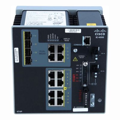 IE-4000-4T4P4G-E Cisco IE4000 Series 4 x Ports 10/100Base-TX + 4 x Ports PoE+ 10/100Base-TX + 4 x Combo Gigabit SFP Ports L3 Managed Rail-mountable GE Network Switch