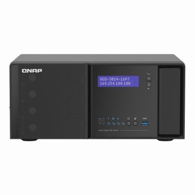 QGD-3014-16PT-8G-US QNAP 14 x Ports PoE+ 1000Base-T + 2 x Ports PoE+ SFP Combo + 4 x Bays SATA III 3.5-Inch Desktop Gigabit Ethernet Network Switch