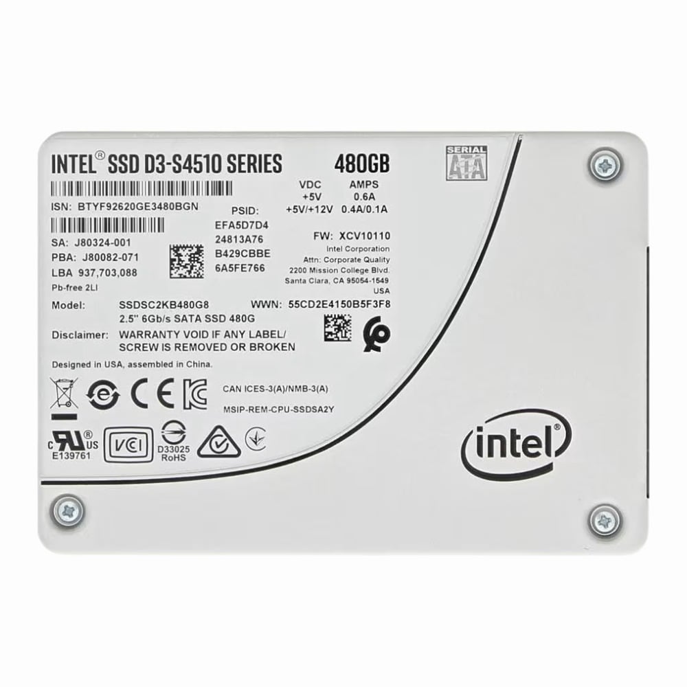 SSDSC2KB480G8 Intel D3-S4510 Series 480GB SATA 6Gb/s 3D NAND TLC AES-256 PLP 2.5-Inch Solid State Drive